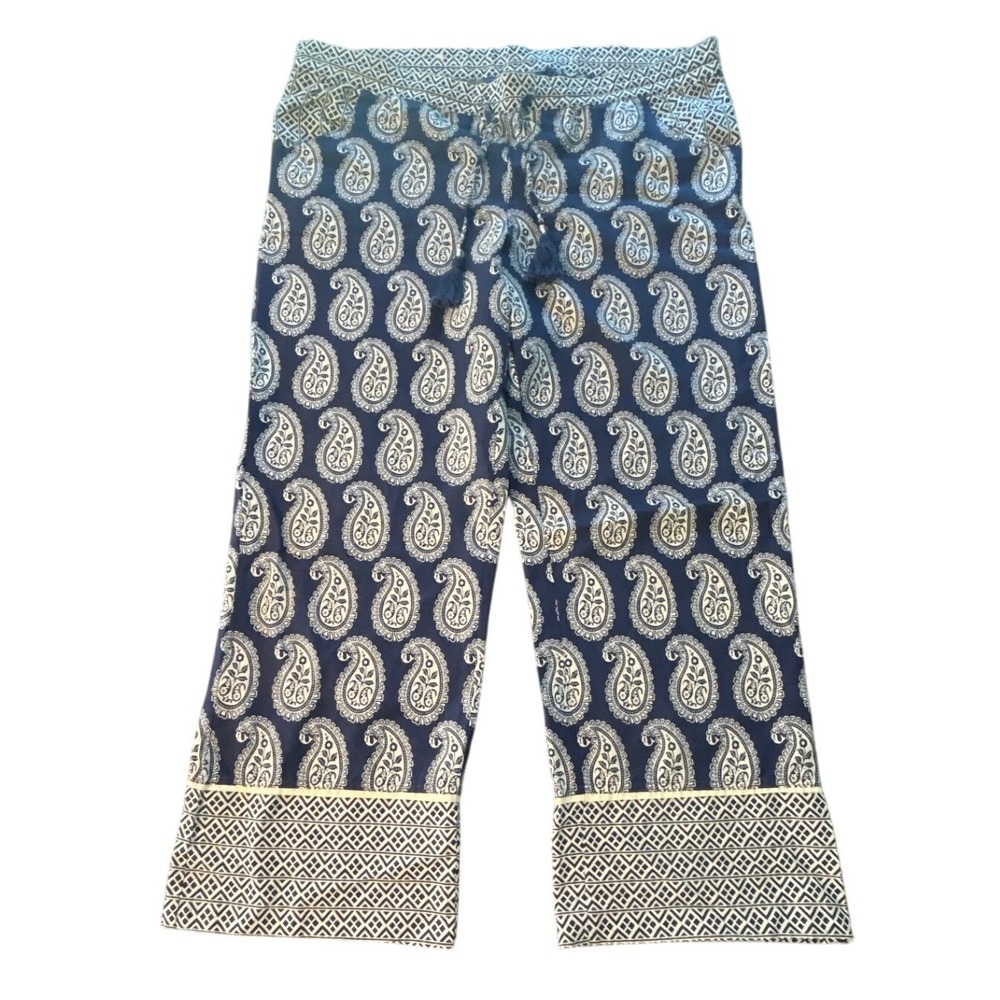 Devi Designs Paisley Wide Leg Pant Navy Cotton Tassel Pockets Casual Boho Soft - Picture 2 of 9